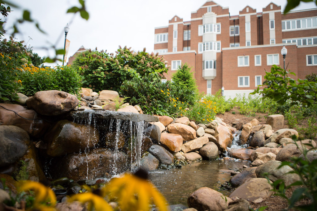 Blueberry falls waterfall in front of the Haslam College of Business building